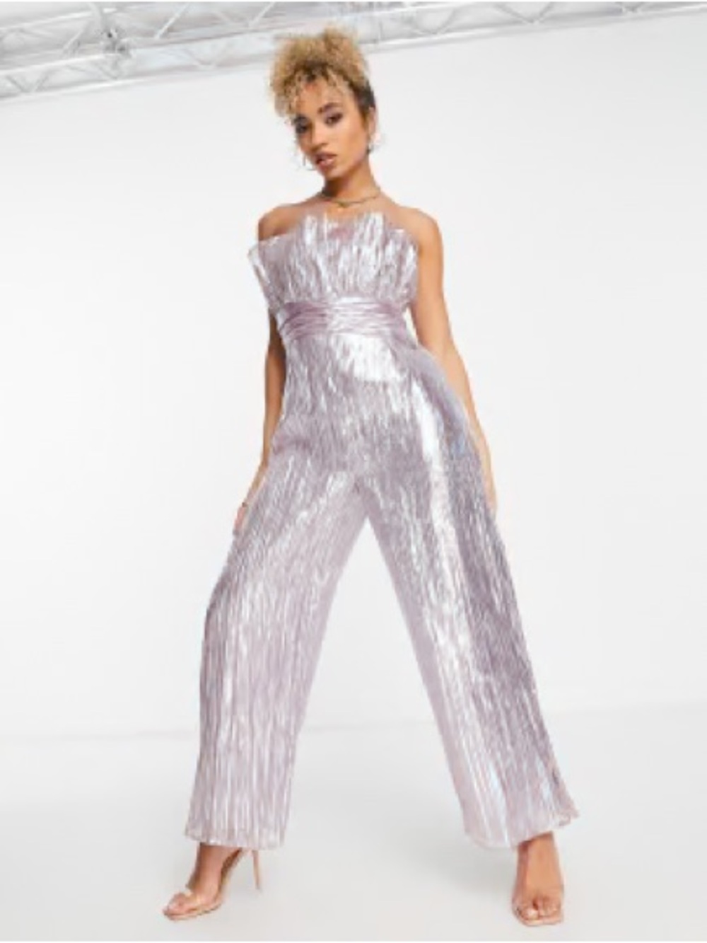 Metallic Lilac Strapless Wide-Leg Jumpsuit